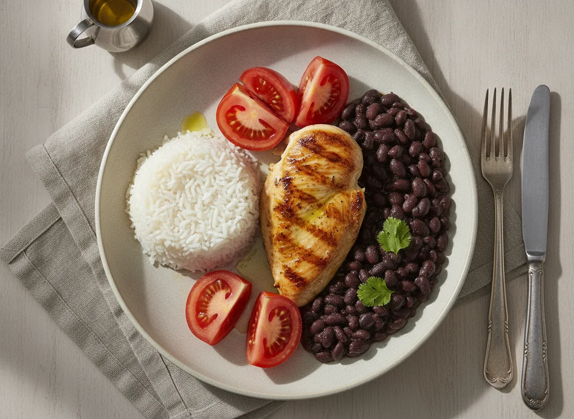 Pechuga de pollo a la plancha con arroz, frijoles y tomate photo