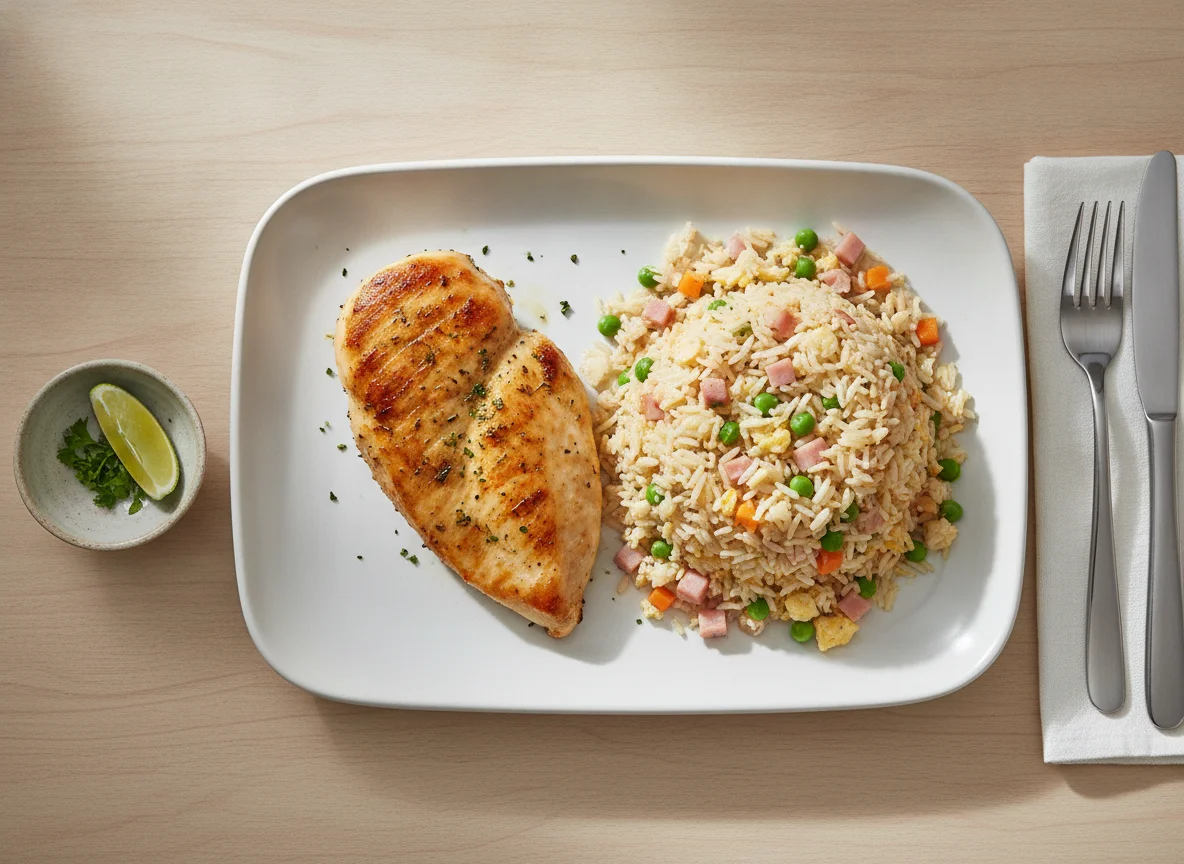 Pechuga de pollo a la plancha con arroz frito tres delicias photo