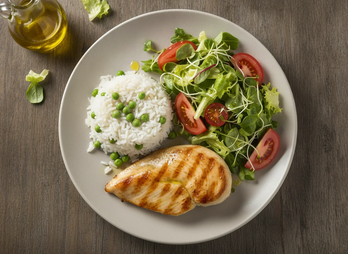 Pechuga de pollo a la plancha con arroz, guisantes y ensalada photo