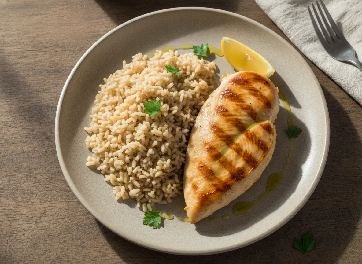 Pechuga de pollo a la plancha con arroz integral photo