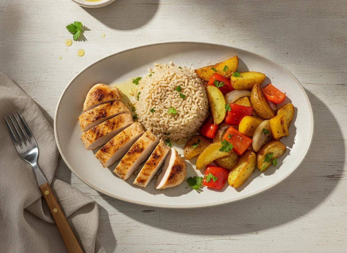 Pechuga de pollo a la plancha con arroz integral y verduras asadas photo
