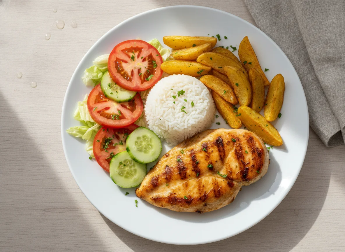 Pechuga de pollo a la plancha con arroz, papas y ensalada photo