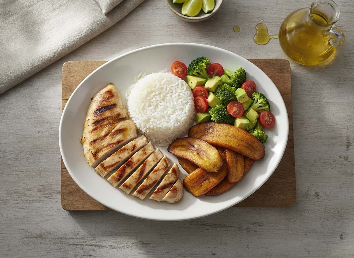 Pechuga de pollo a la plancha con arroz, plátano maduro y ensalada photo