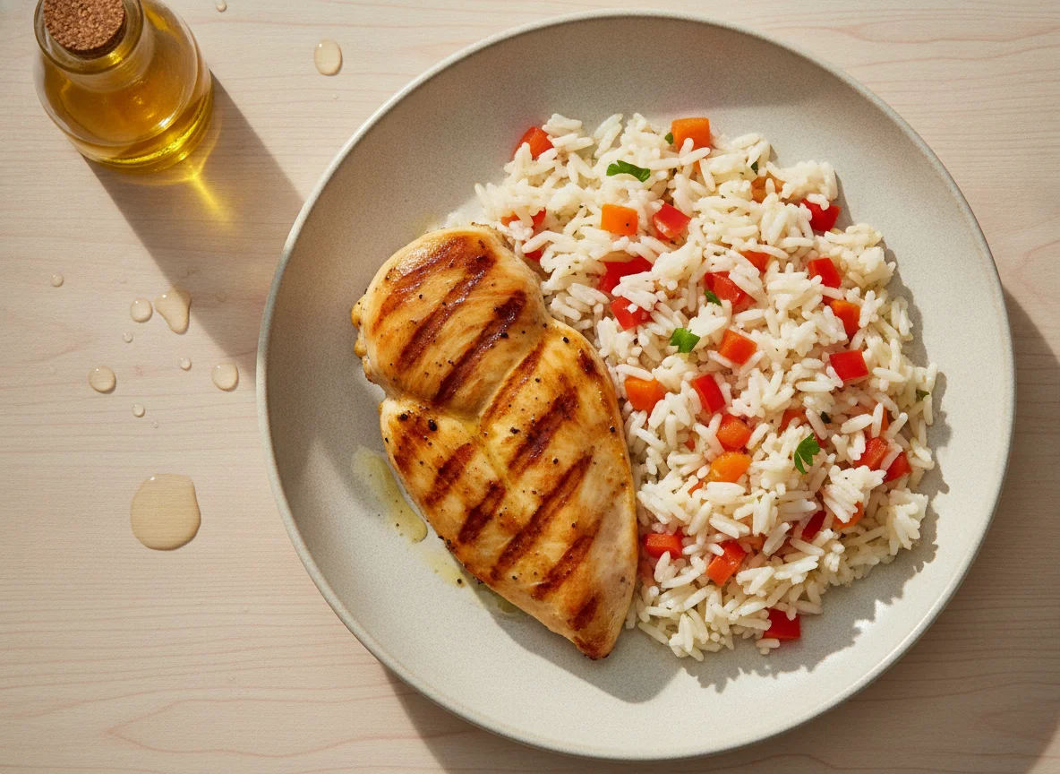 Pechuga de pollo a la plancha con arroz primavera photo