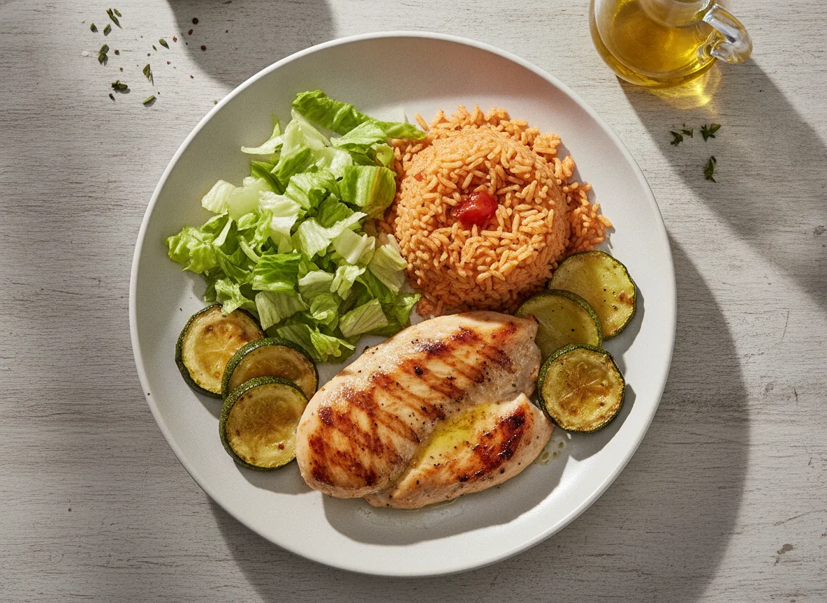 Pechuga de pollo a la plancha con arroz rojo, ensalada y verduras asadas photo