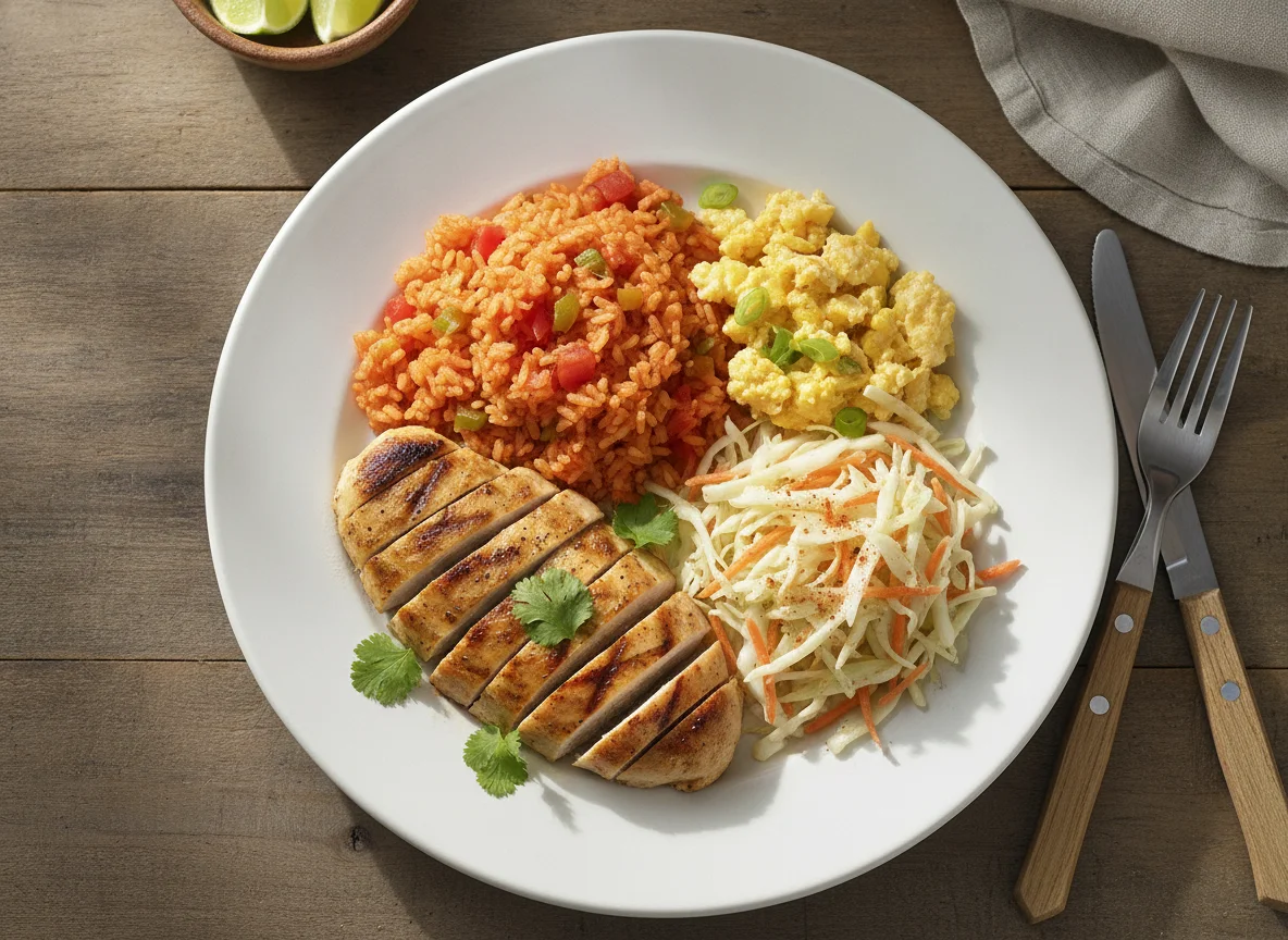 Pechuga de pollo a la plancha con arroz rojo, huevos revueltos y ensalada de col photo