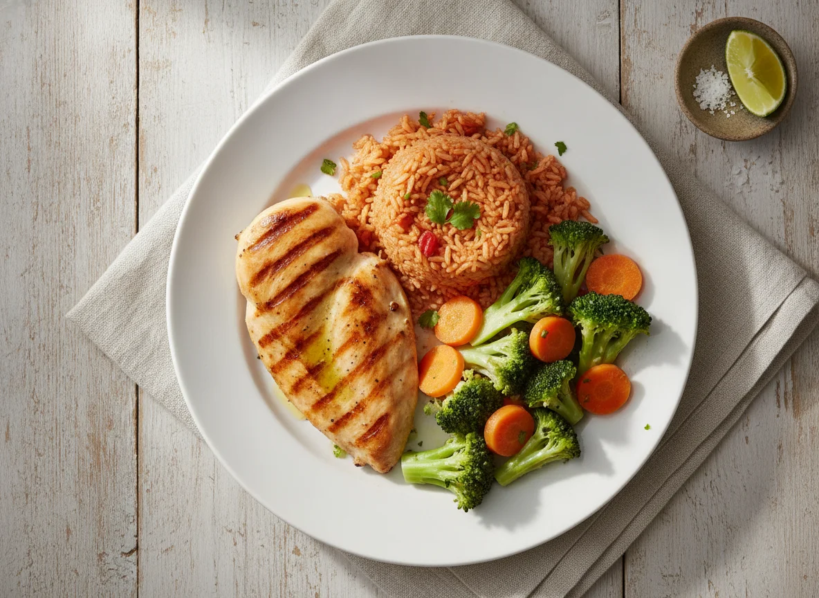 Pechuga de pollo a la plancha con arroz rojo y brócoli photo