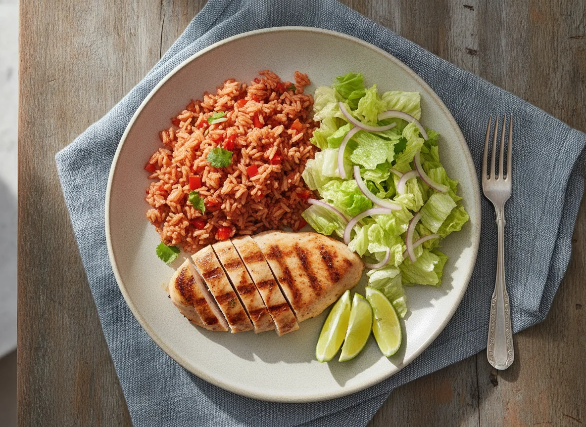 Pechuga de pollo a la plancha con arroz rojo y ensalada photo