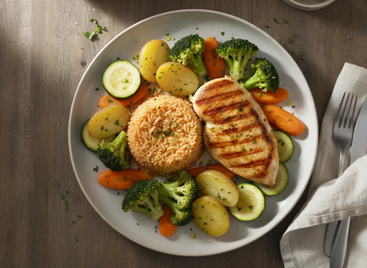 Pechuga de pollo a la plancha con arroz rojo y verduras al vapor photo