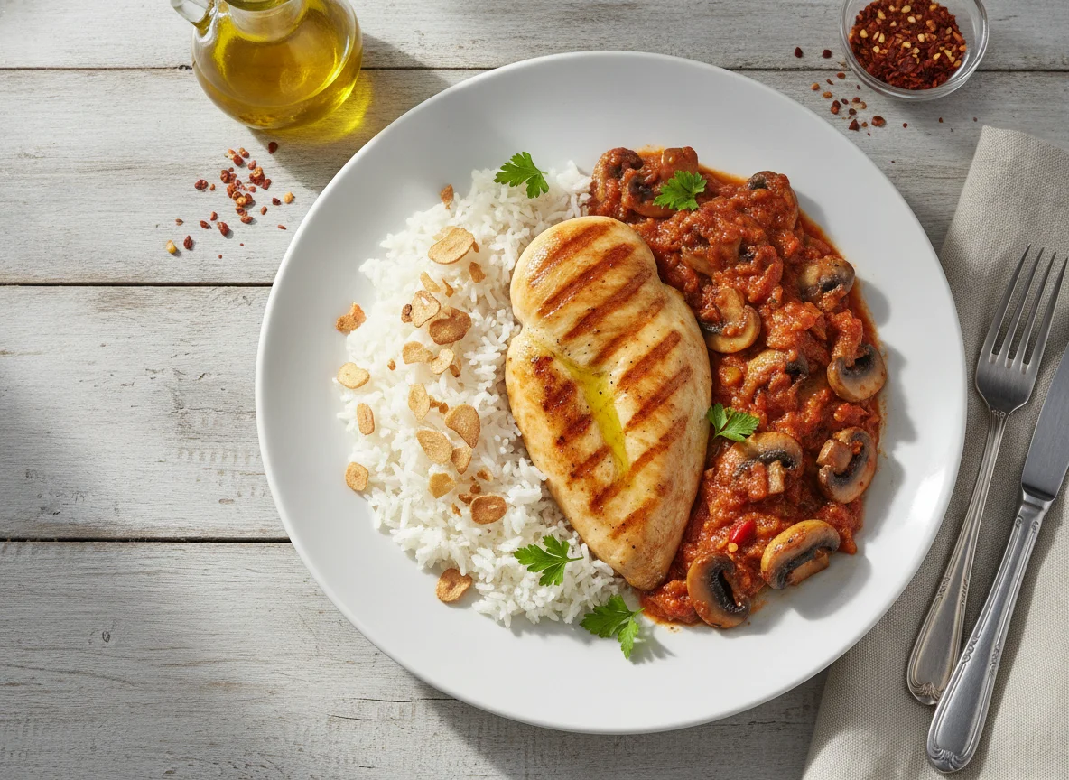 Pechuga de pollo a la plancha con arroz, salsa y champiñones photo