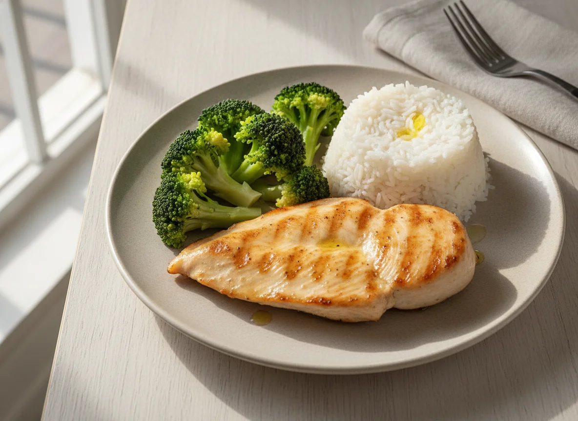 Pechuga de pollo a la plancha con arroz y brócoli photo