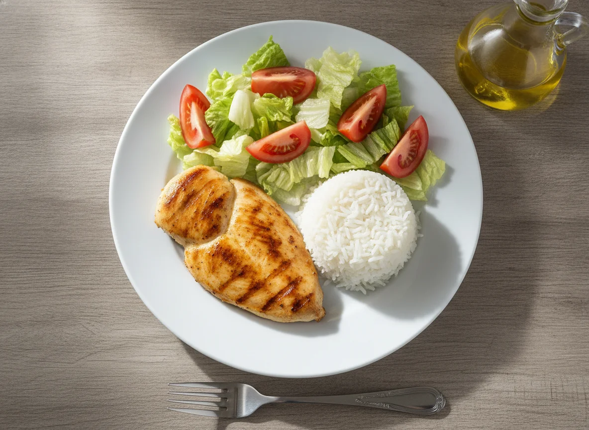 Pechuga de pollo a la plancha con arroz y ensalada photo