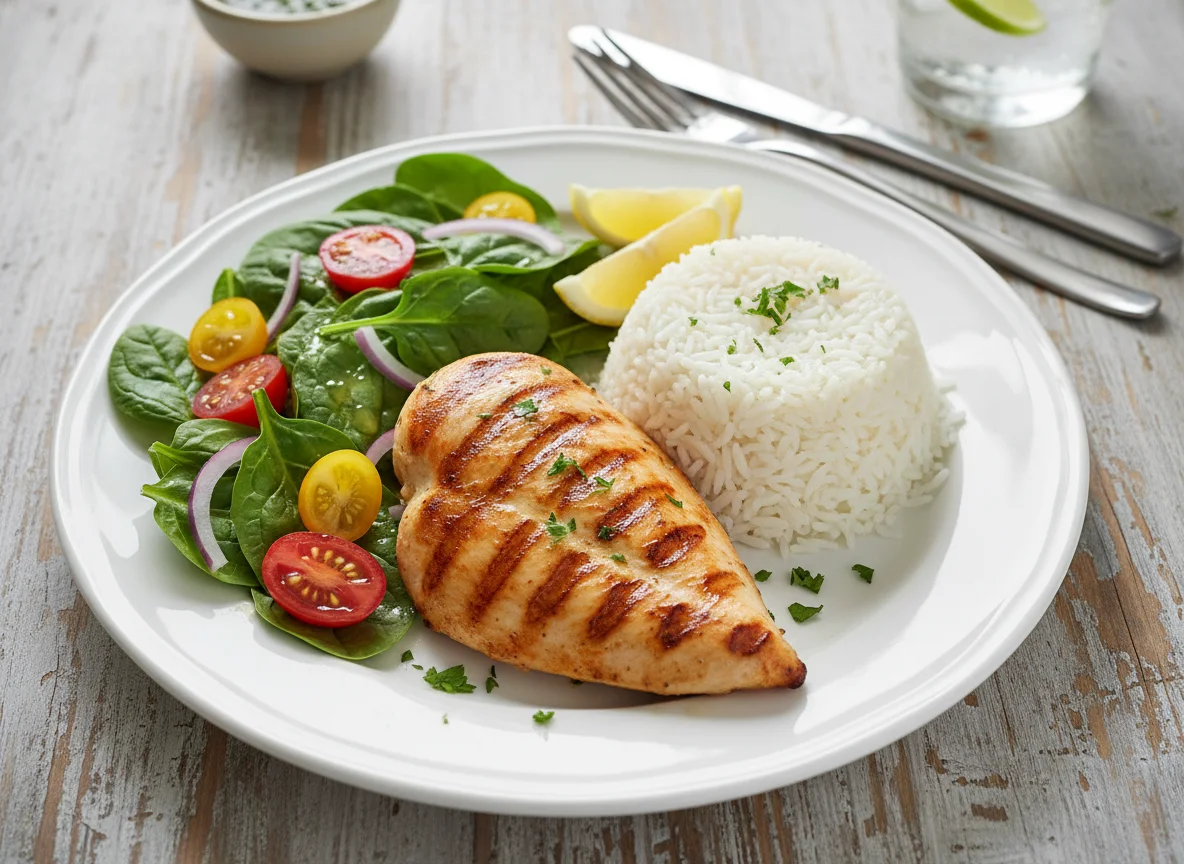 Pechuga de pollo a la plancha con arroz y ensalada de espinacas photo