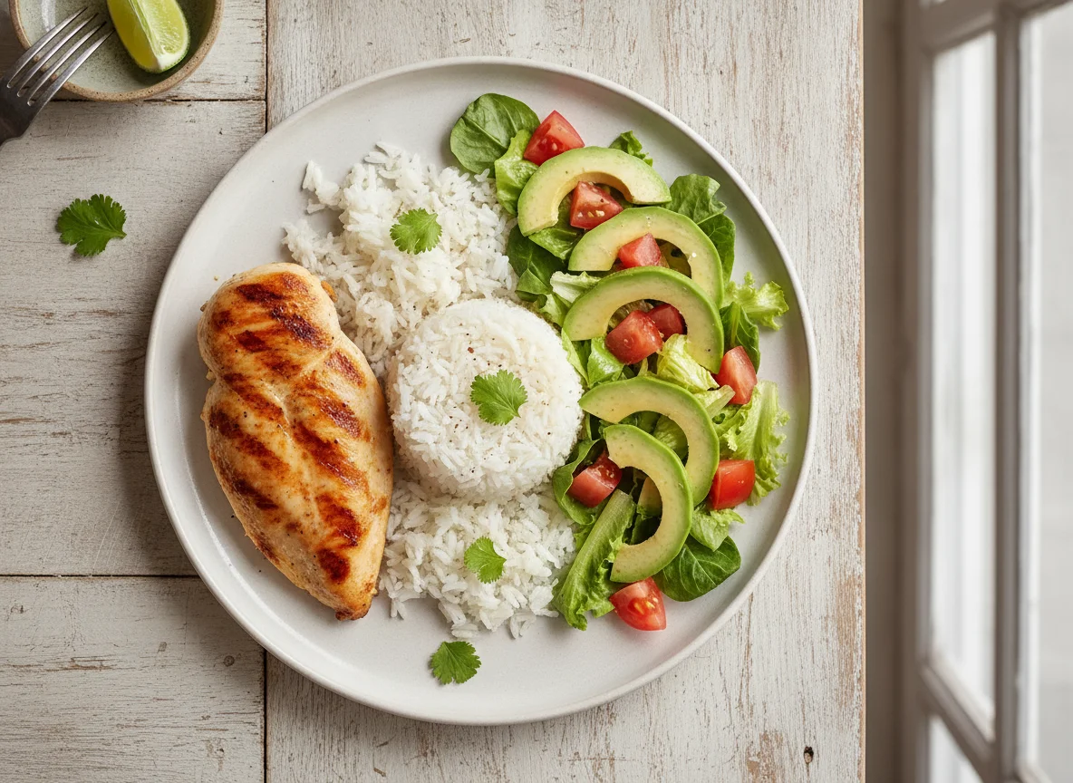 Pechuga de pollo a la plancha con arroz y ensalada de aguacate photo