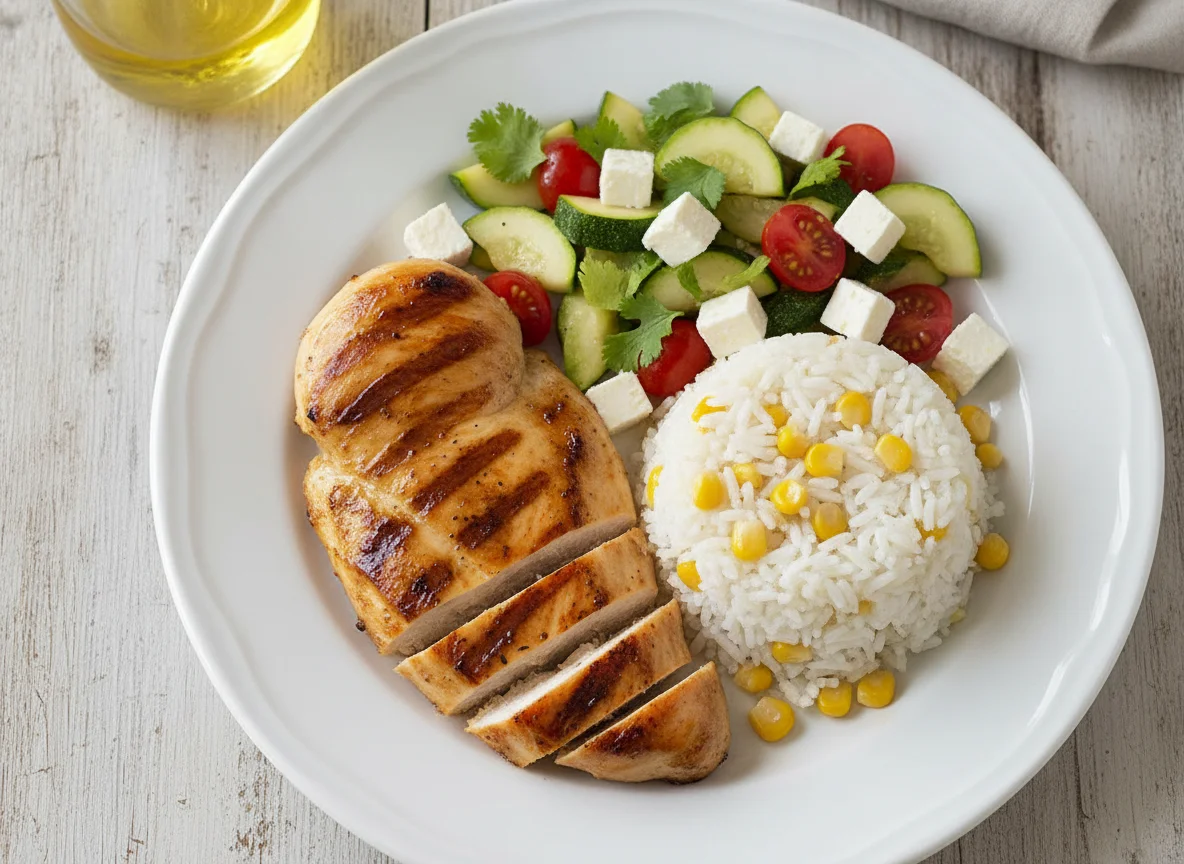 Pechuga de pollo a la plancha con arroz y ensalada de calabacitas photo