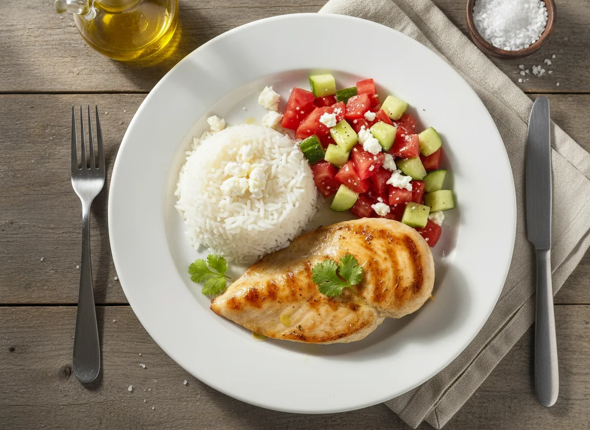 Pechuga de pollo a la plancha con arroz y ensalada de tomate photo