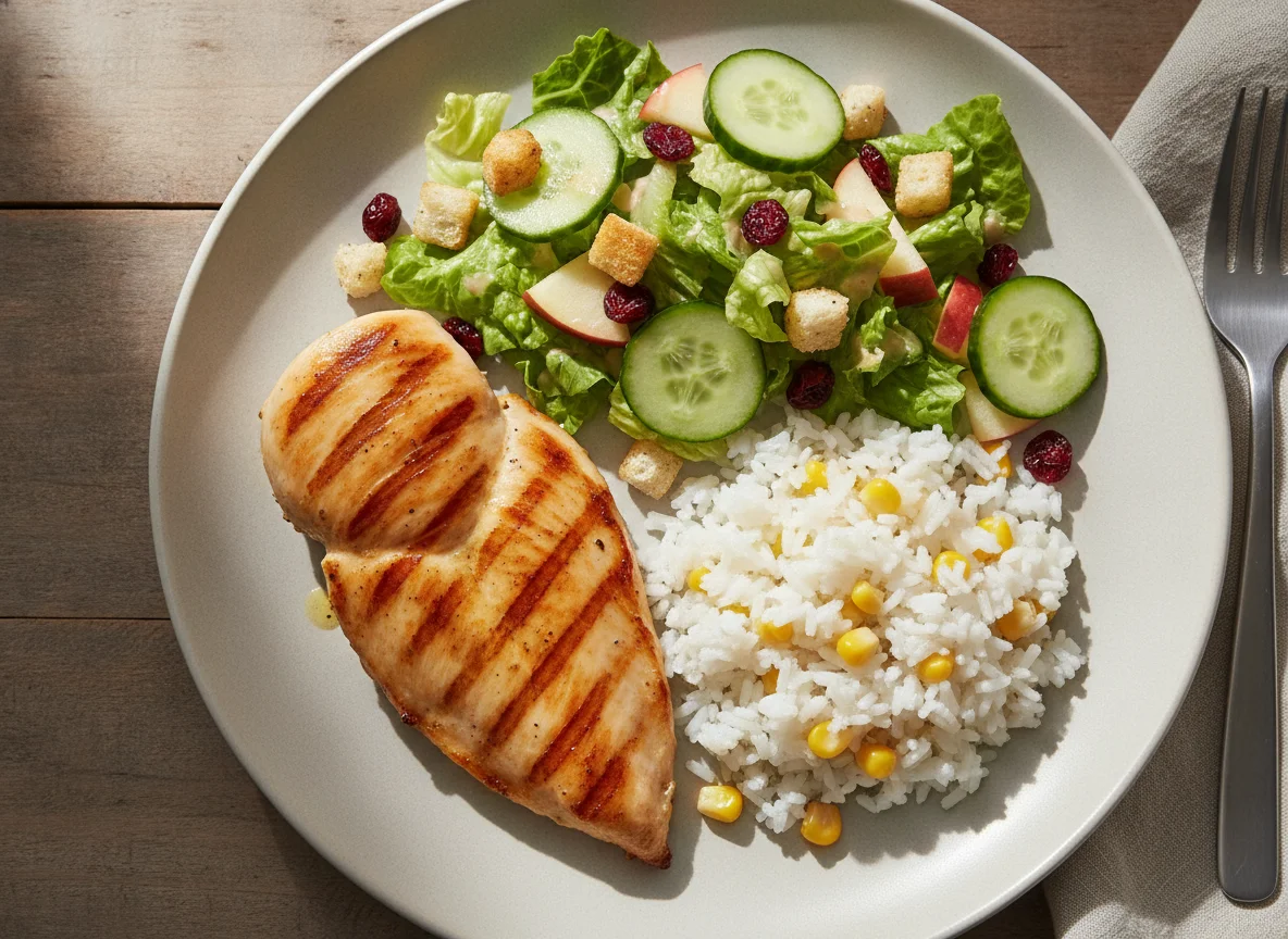 Pechuga de pollo a la plancha con arroz y ensalada de manzana photo