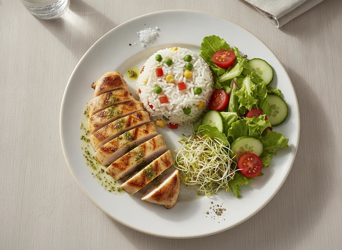 Pechuga de pollo a la plancha con arroz y ensalada fresca photo