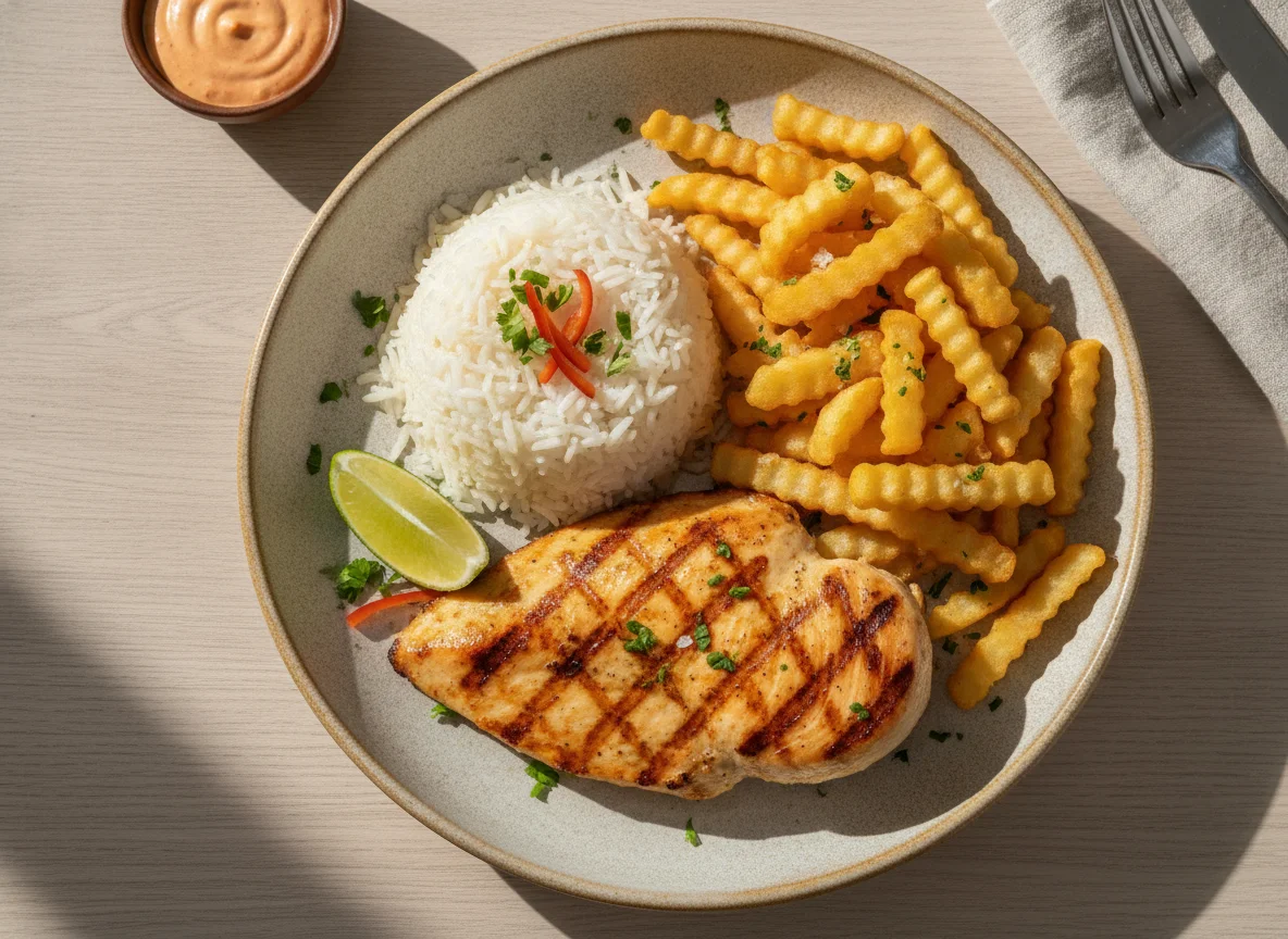 Pechuga de pollo a la plancha con arroz y papas fritas photo