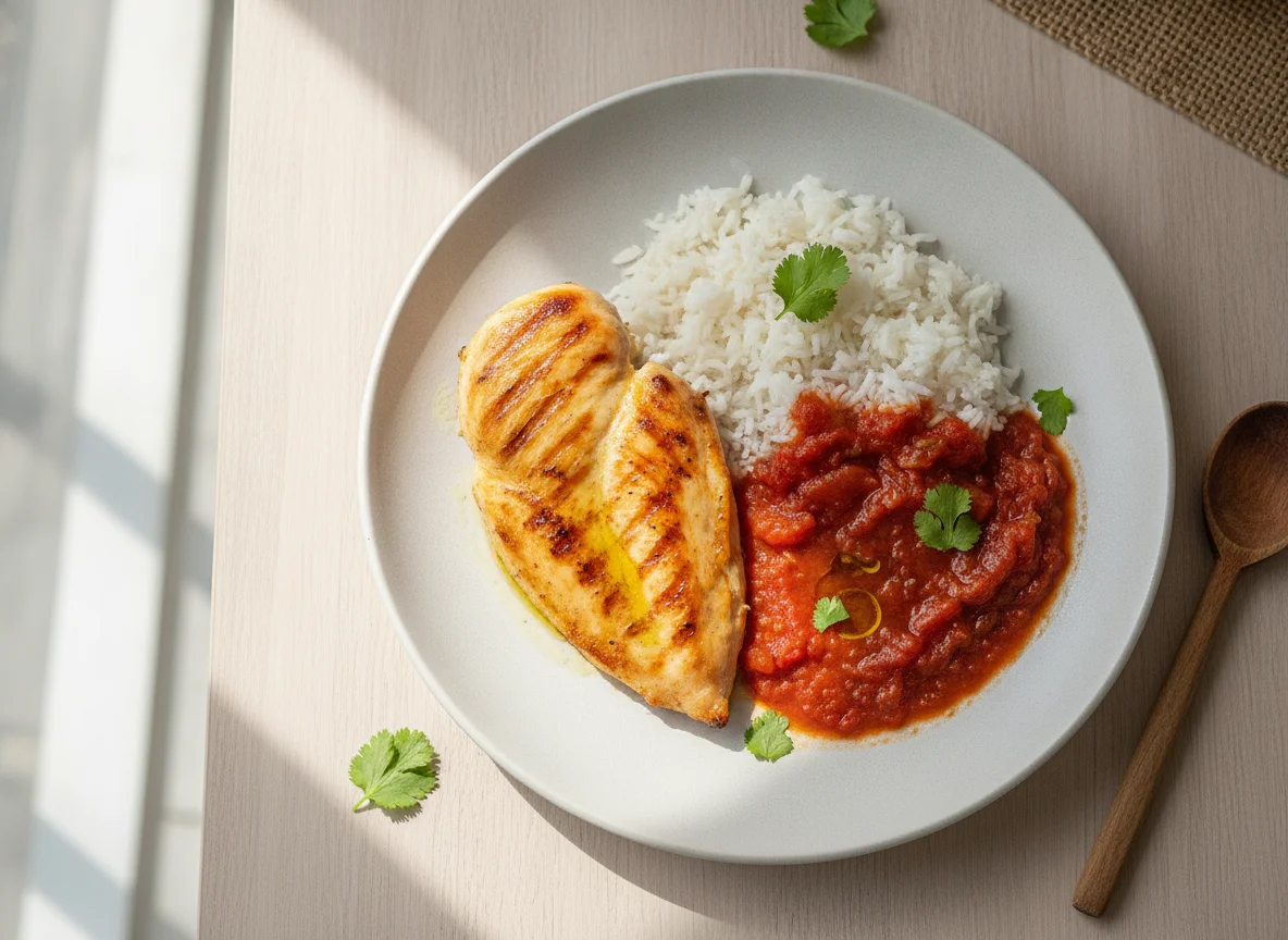 Pechuga de pollo a la plancha con arroz y salsa de tomate photo