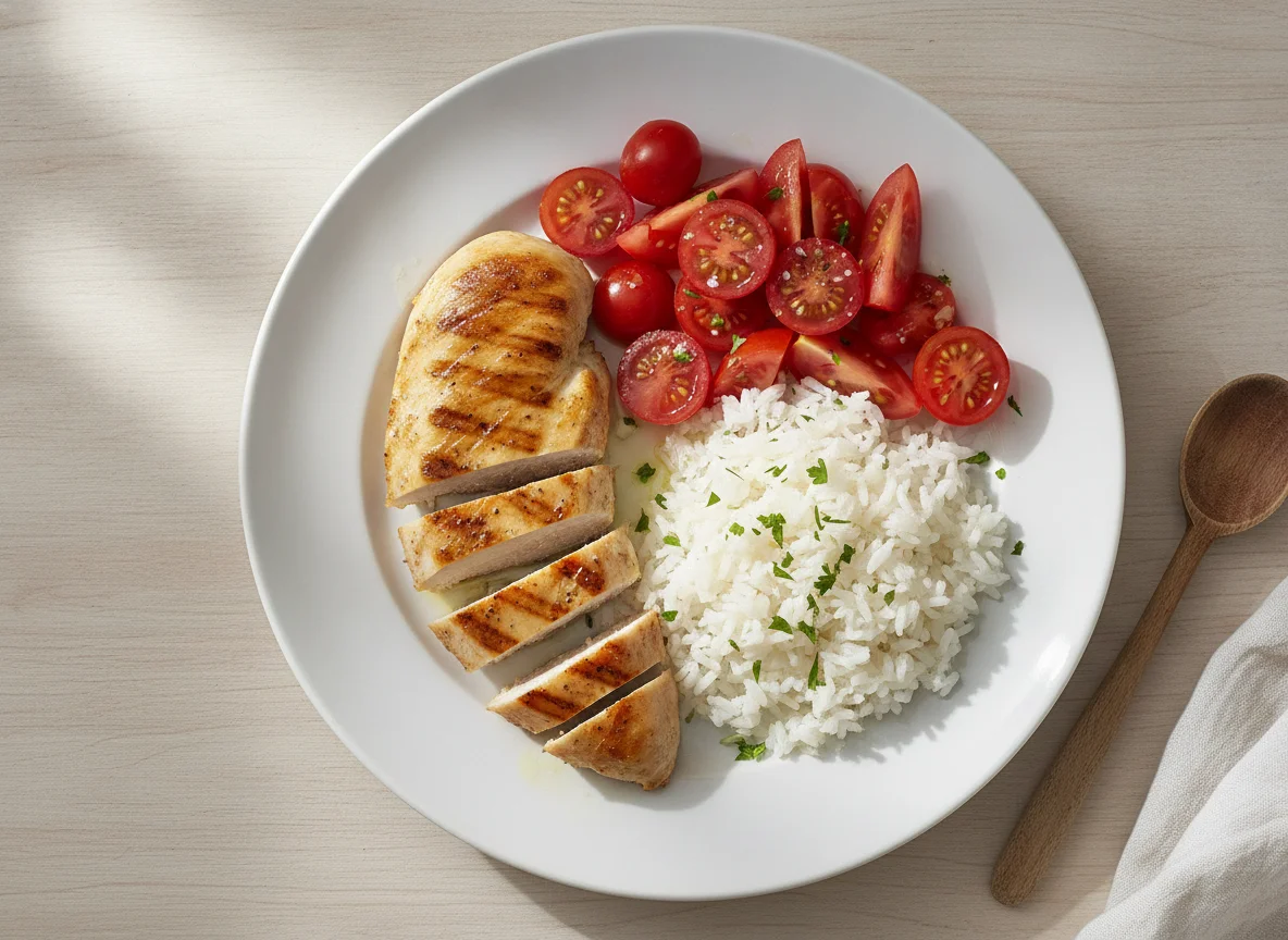 Pechuga de pollo a la plancha con arroz y tomate photo