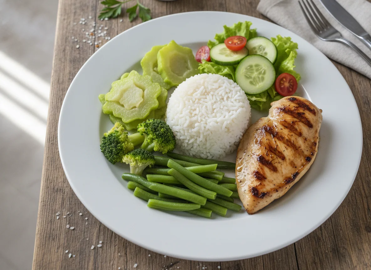 Pechuga de pollo a la plancha con arroz y vegetales photo