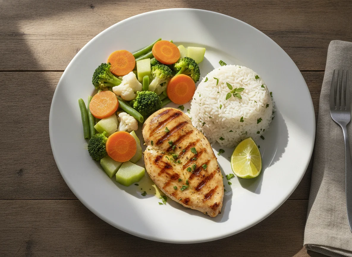 Pechuga de pollo a la plancha con arroz y vegetales al vapor photo