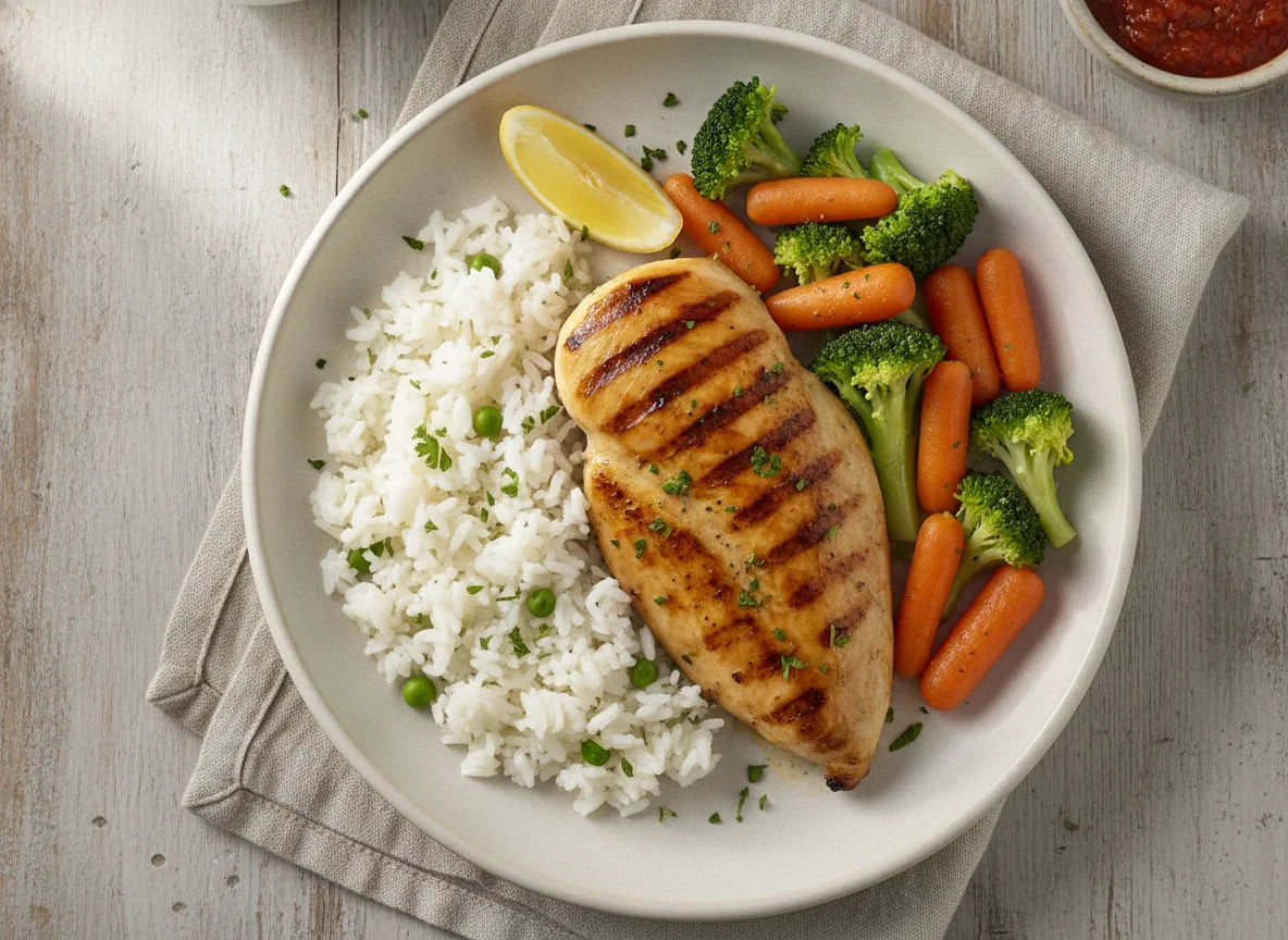Pechuga de pollo a la plancha con arroz y verduras photo