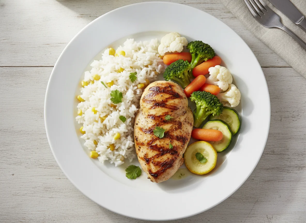 Pechuga de pollo a la plancha con arroz y verduras al vapor photo