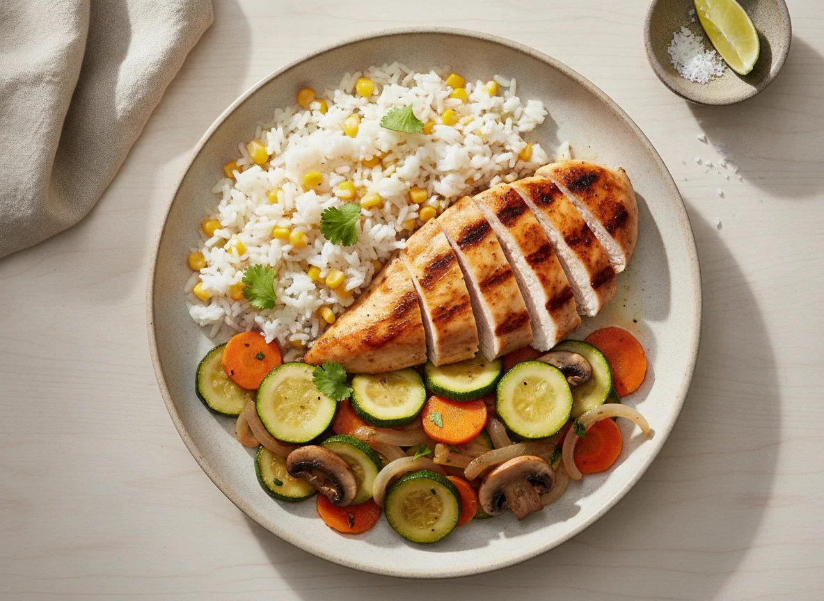 Pechuga de pollo a la plancha con arroz y verduras salteadas photo
