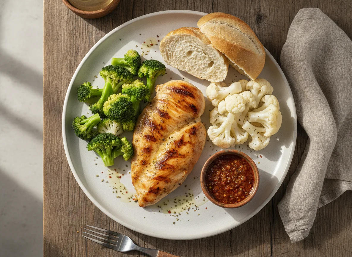 Pechuga de pollo a la plancha con brócoli, coliflor y pan blanco photo