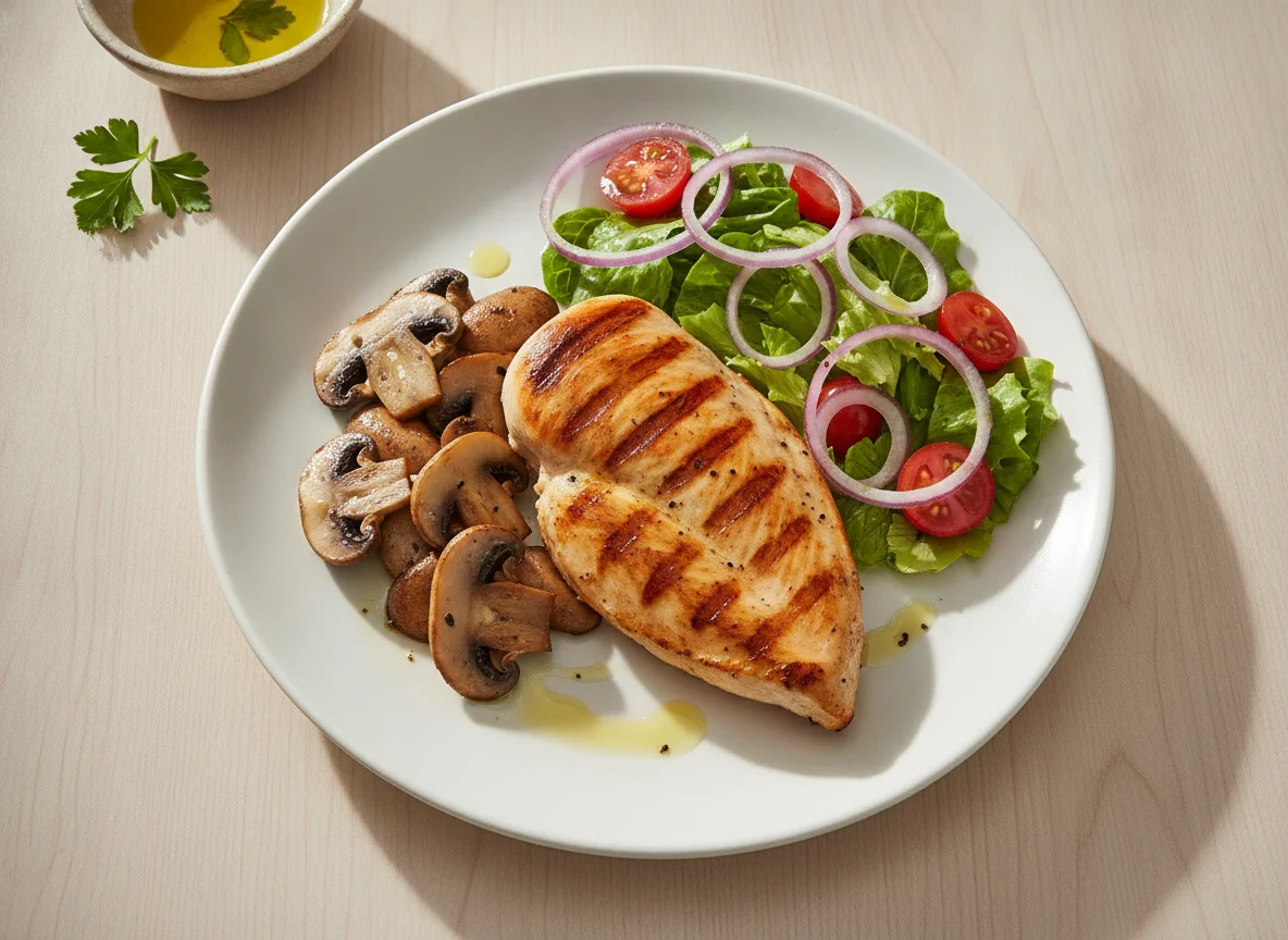 Pechuga de pollo a la plancha con champiñones y ensalada de cebolla roja photo