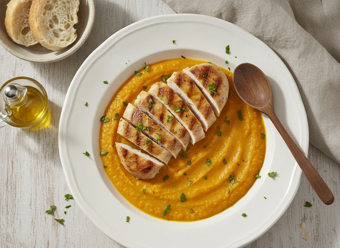 Pechuga de pollo a la plancha con crema de calabaza photo