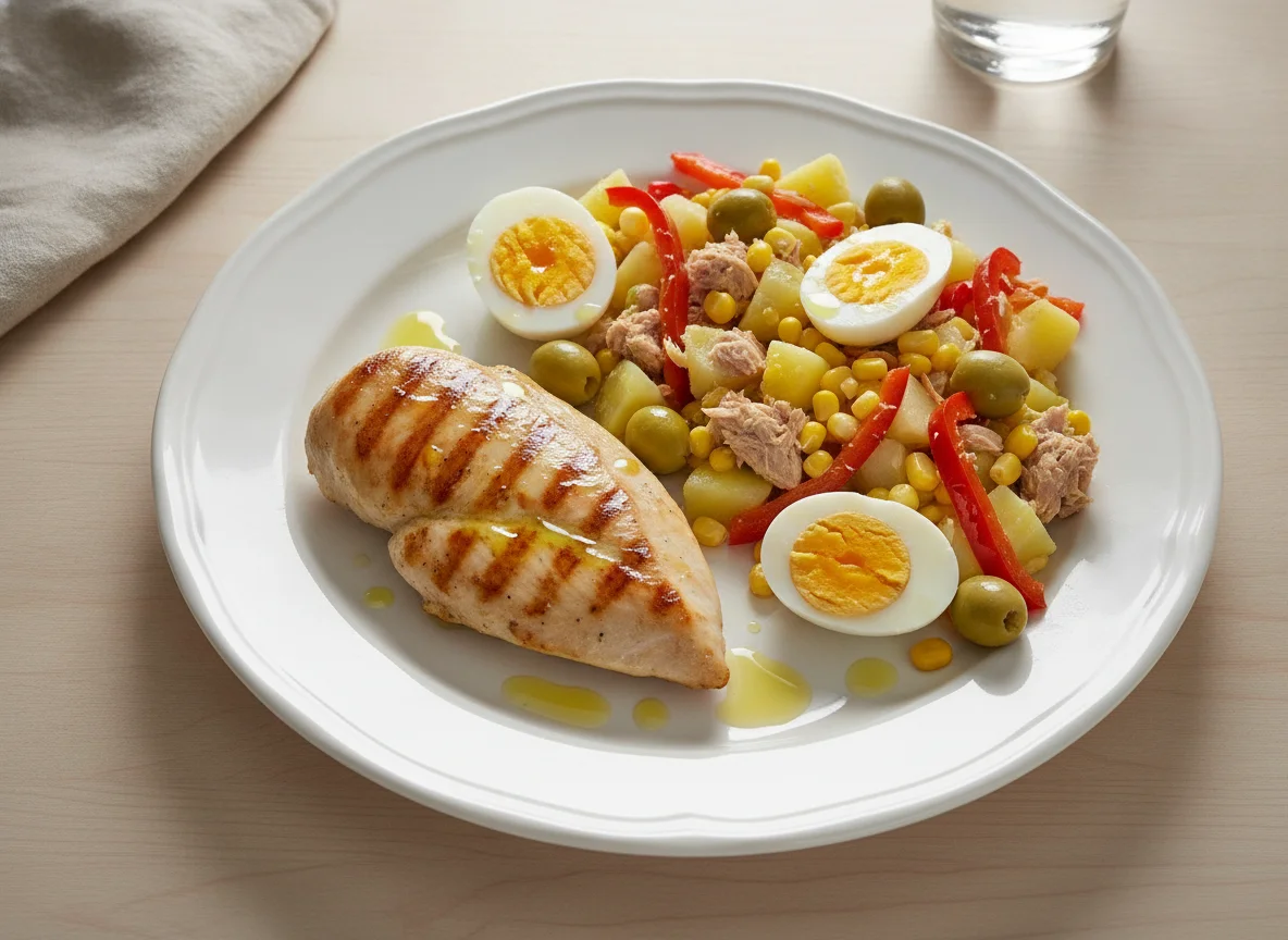 Pechuga de pollo a la plancha con ensalada campera photo