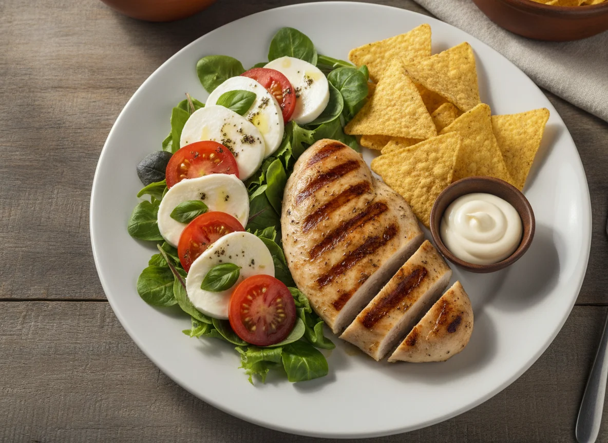Pechuga de pollo a la plancha con ensalada caprese y nachos photo