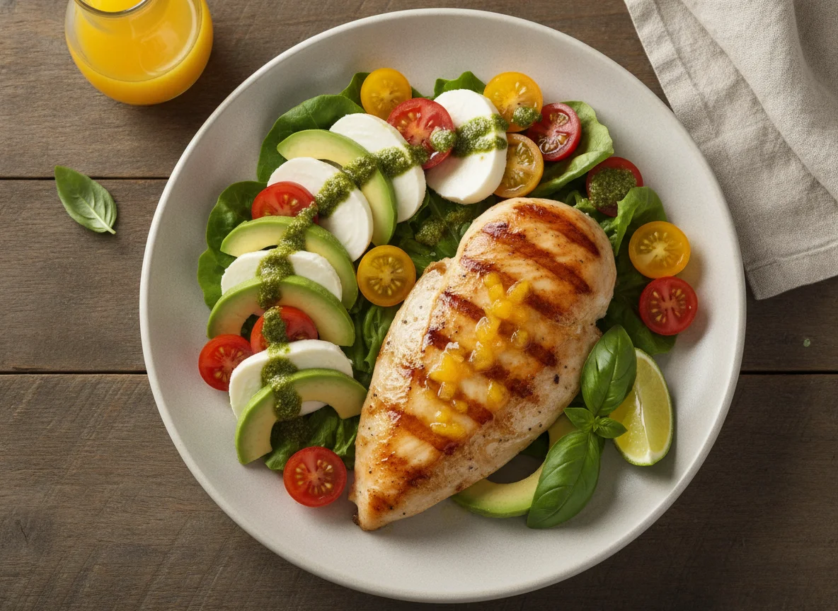Pechuga de pollo a la plancha con ensalada caprese y aguacate photo