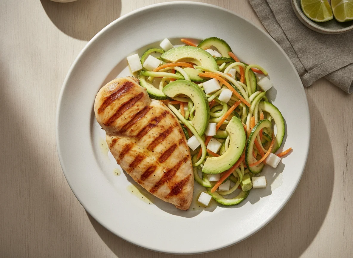 Pechuga de pollo a la plancha con ensalada de aguacate y verduras photo