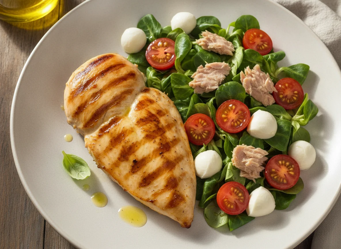 Pechuga de pollo a la plancha con ensalada de canónigos, tomate y mozzarella photo