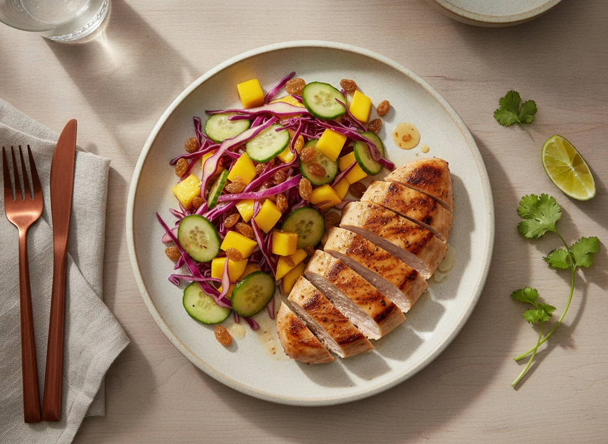 Pechuga de pollo a la plancha con ensalada de col y mango photo