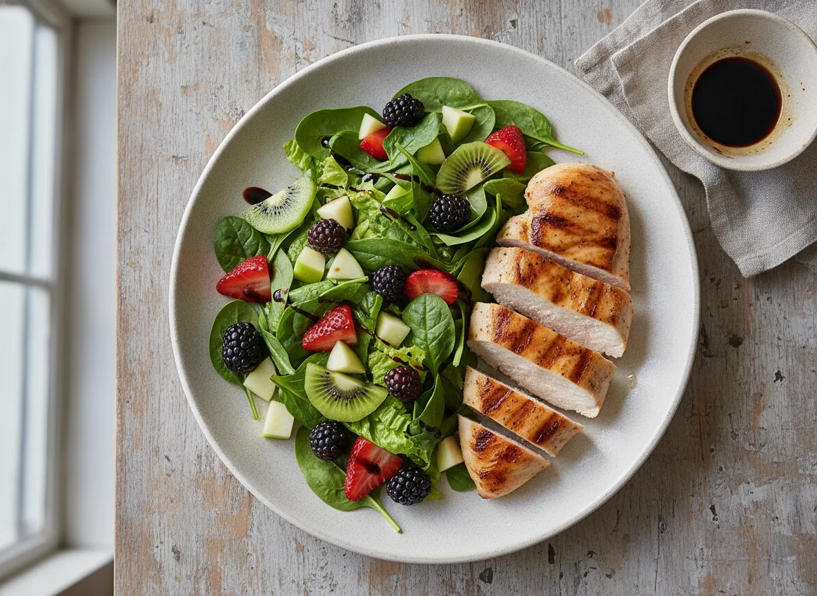 Pechuga de pollo a la plancha con ensalada de frutas y espinacas photo