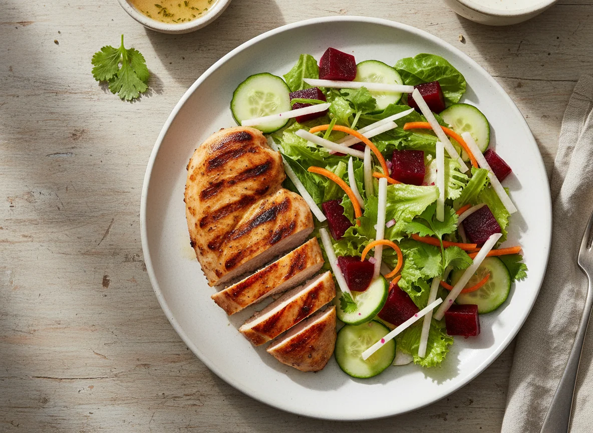 Pechuga de pollo a la plancha con ensalada de jícama y betabel photo