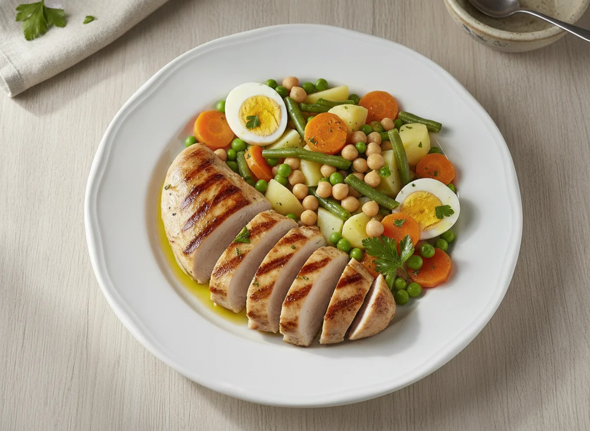 Pechuga de pollo a la plancha con ensalada de legumbres y verduras photo