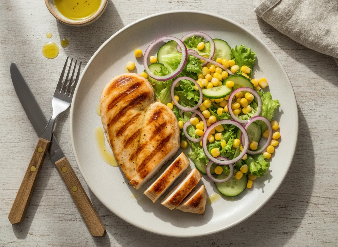 Pechuga de pollo a la plancha con ensalada de maíz y cebolla photo