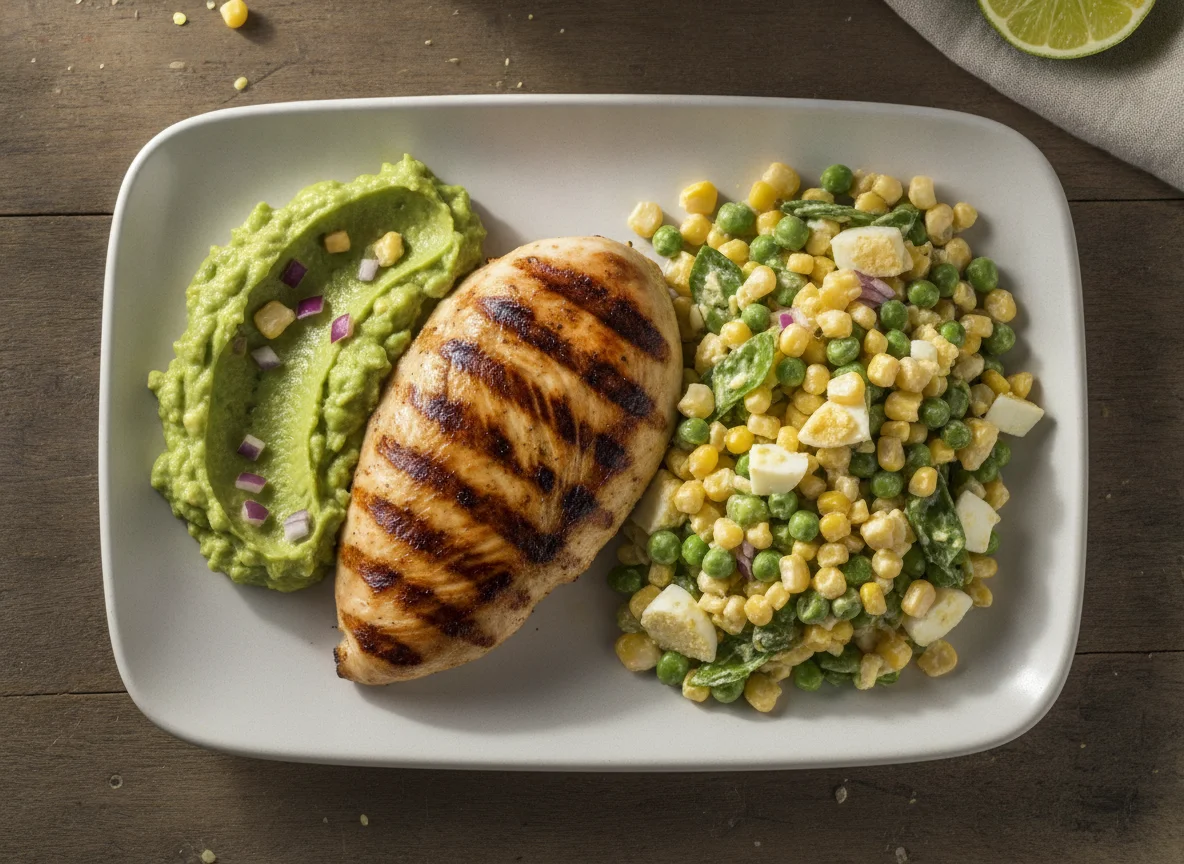 Pechuga de pollo a la plancha con ensalada de maíz y guacamole photo