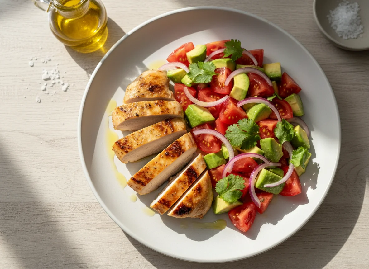 Pechuga de pollo a la plancha con ensalada de palta y tomate photo
