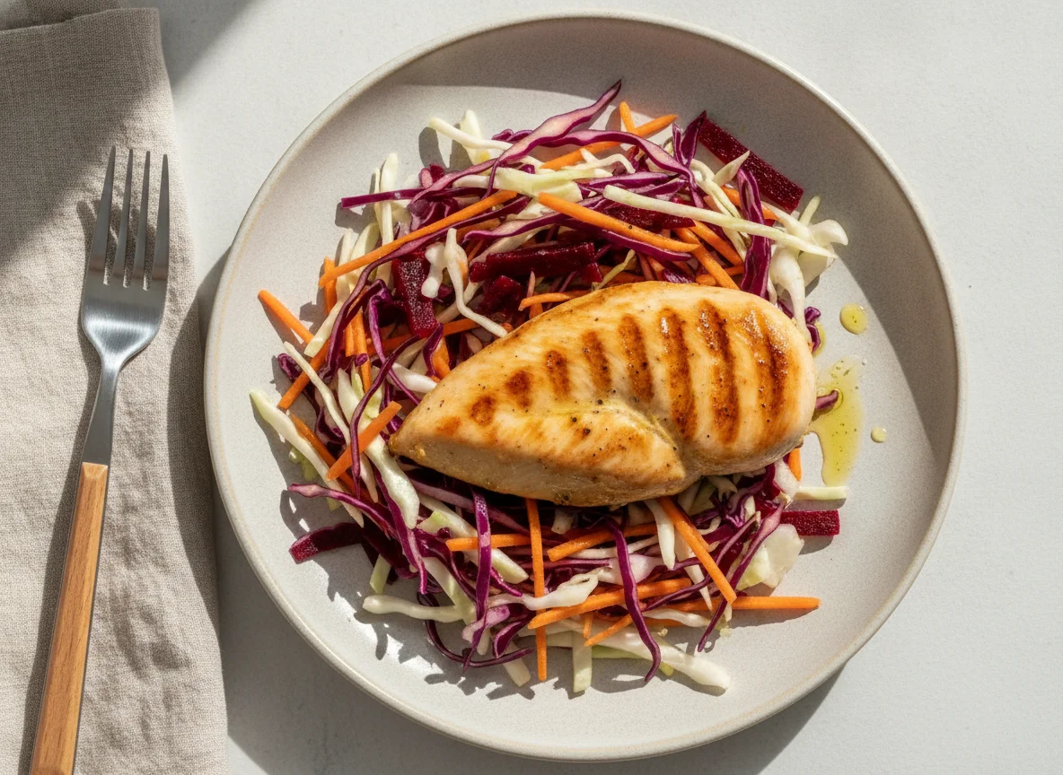Pechuga de pollo a la plancha con ensalada de repollo y remolacha photo
