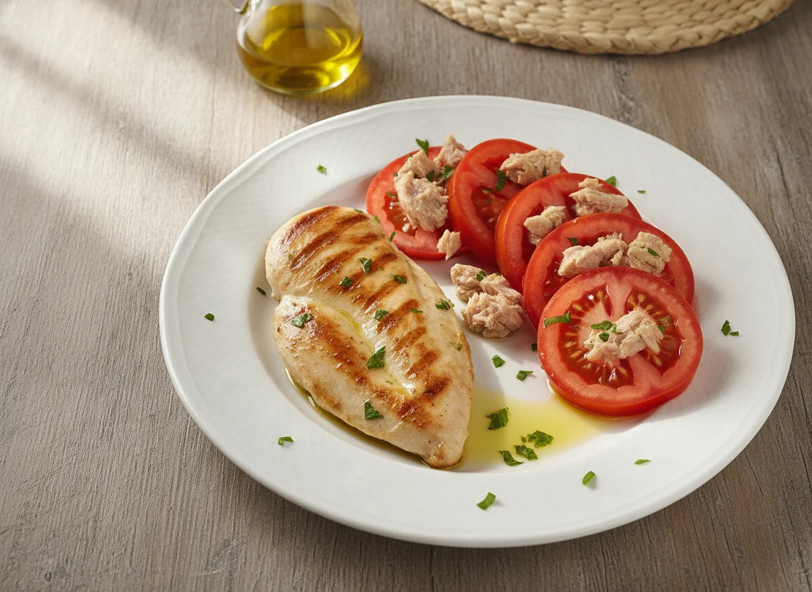 Pechuga de pollo a la plancha con ensalada de tomate y atún photo