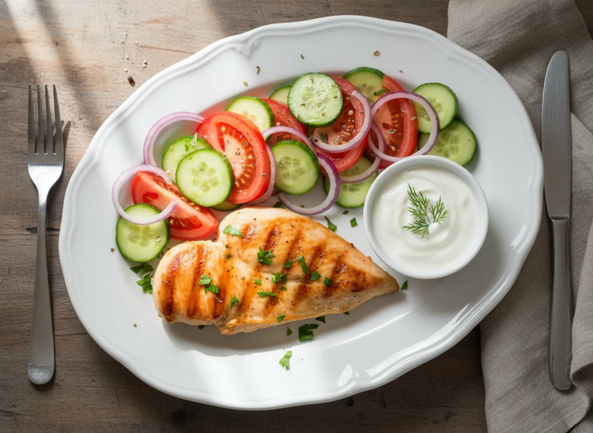 Pechuga de pollo a la plancha con ensalada de tomate, pepino y cebolla photo