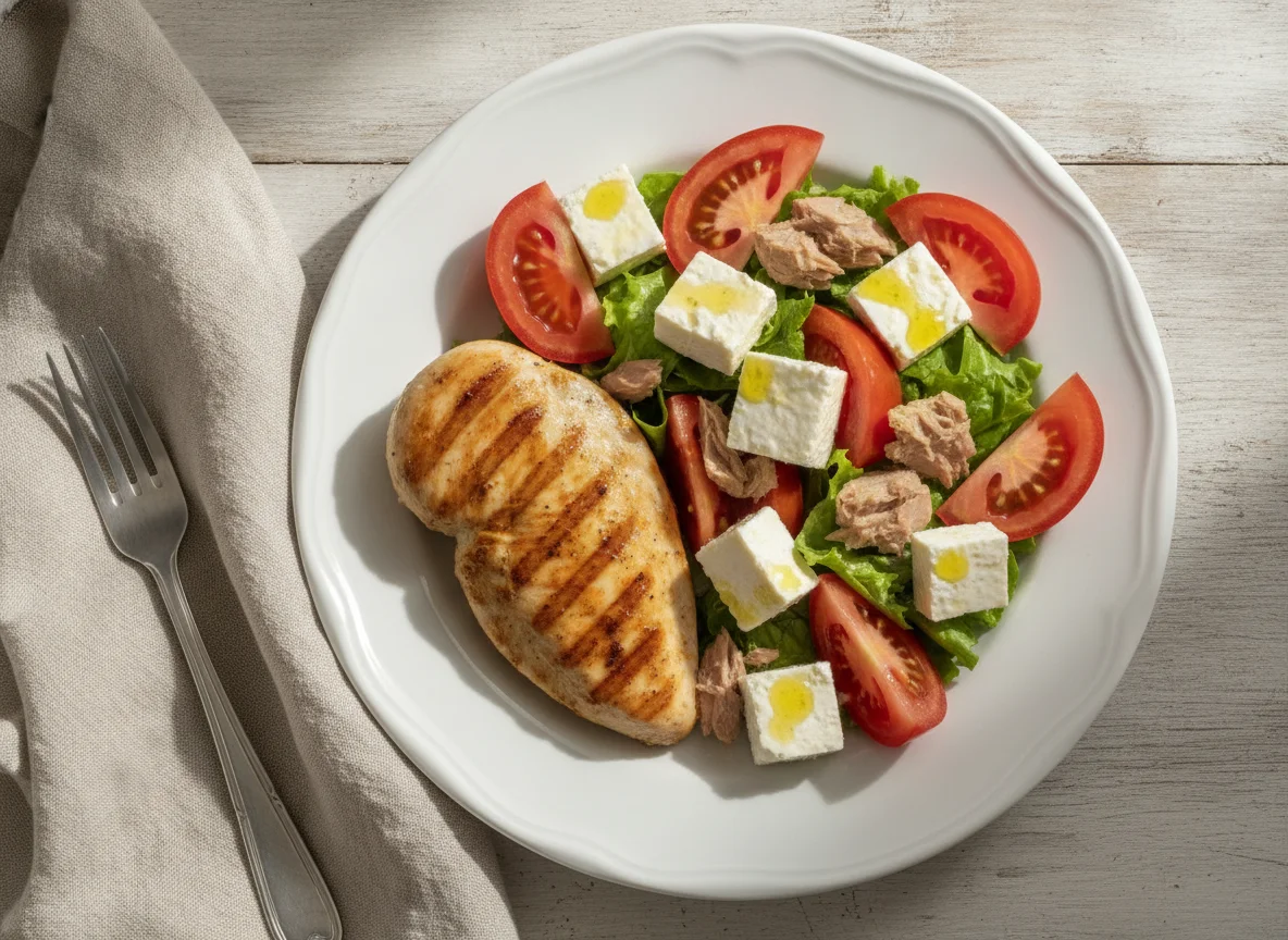 Pechuga de pollo a la plancha con ensalada de tomate, queso y atún photo