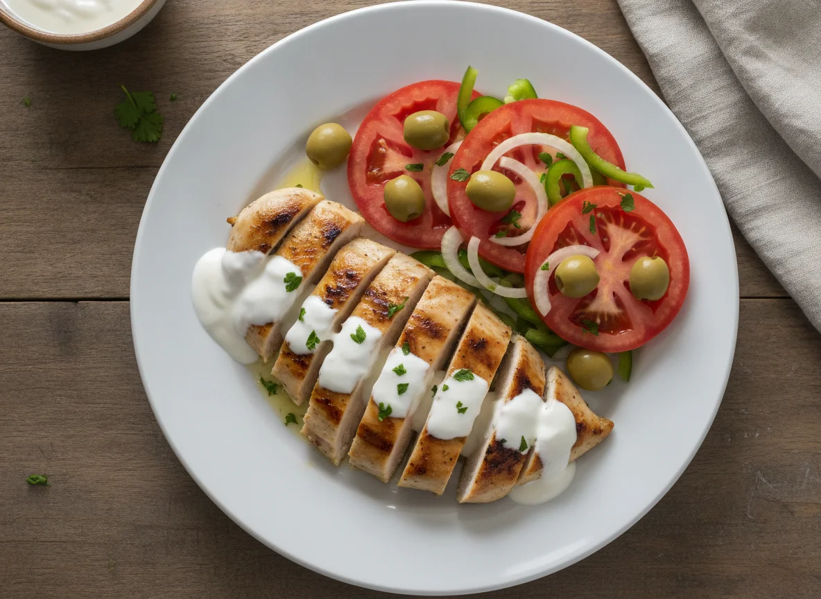 Pechuga de pollo a la plancha con ensalada de tomate y salsa blanca photo